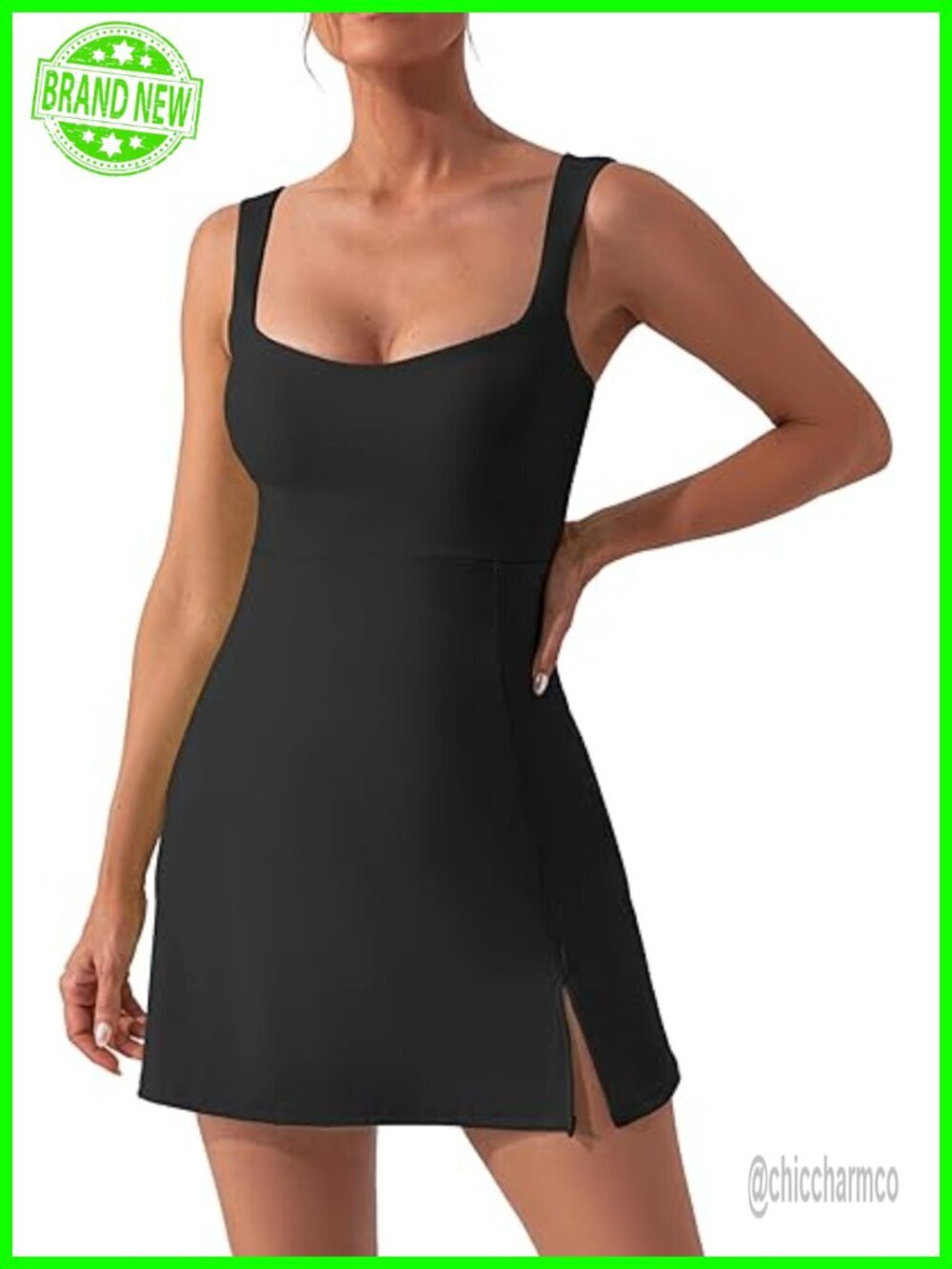 Women's Square Neck Mini Dress with Built-in Shorts and Bra Side Slit Club